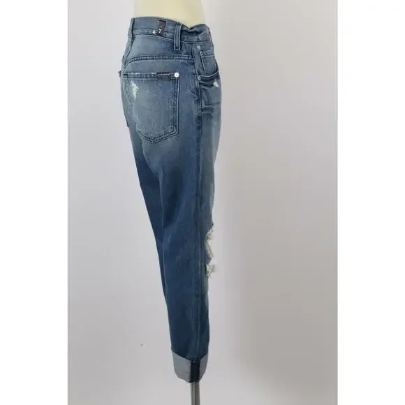 7 FOR ALL MANKIND Blue Denim Ripped Distressed Straight Leg Jeans Pants Size 26